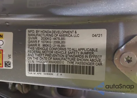 2021 Honda Accord Sport from USA, damaged, VIN 1HGCV1F36MA065510